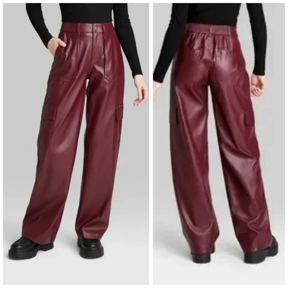WILD FABLE Faux Leather Burgundy Wine Wide Leg Cargo Pants, Elastic Back Waist - Picture 2 of 16